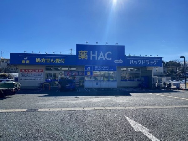ハックドラッグ長沢店(青地に 白い字の「HAC」が目立つ広い店舗では、医薬品のほか食品と日用品を扱っています。)