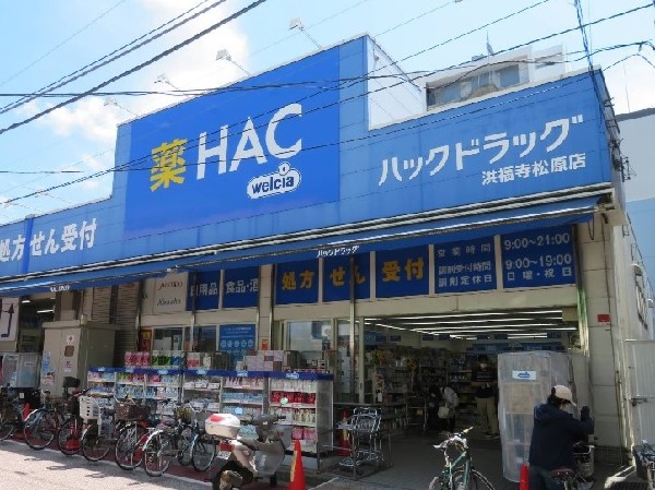 ハックドラッグ洪福寺松原店(医薬品や生活用品だけでなく食品も充実。調剤薬局も併設。毎月２０日はWAONポイントで1.5倍分買い物可能。)